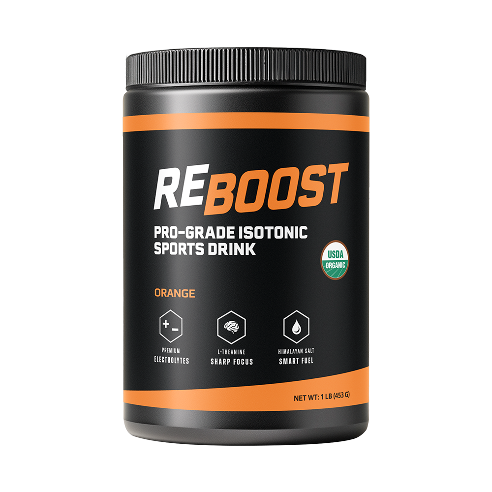 Orange (Electrolyte Powder) Reboost pro-grade isotonic sports drink container on a white background